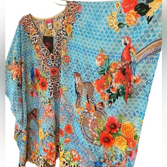 Ranee’s NWT M Blue Resortwear Beach Flowy Beaded Léopard Parrot Print Swim Cover - Picture 5 of 8